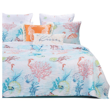 King Size 3 Piece Polyester Quilt Set With Coral Prints, Multicolor