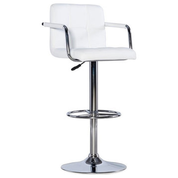 Linon White Quilted Faux Leather Gas-Lift Adjustable Swivel Bar Stool in Chrome