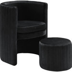 Meridian Furniture - Selena 2-Piece Velvet Accent Chair and Ottoman Set, Black - Create a chic atmosphere with this Selena Black Velvet Accent Chair. This handsome chair has a fun barrel design that lends contemporary charm to a bedroom, living room or sitting room. The chair and matching included ottoman are covered top to bottom in plush velvet for a sumptuous look. Channel tufting adds a visually exciting finish to this elegant pair.