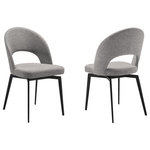 Armen Living - Lucia Swivel Upholstered Dining Chair Set, Gray Fabric With Black Metal Legs - Elevate your home with the modern charm and elegance of our Lucia Upholstered Swivel Dining Chairs - Set of 2 in Fabric with Black Metal Legs. Beautifully minimalistic, our dining chair stands out with a refined and striking silhouette. A sleek cut-out and slender black metallic legs complete the modern and sophisticated appeal of the kitchen chair. It's ergonomically sculpted back delivers exceptional comfort, supporting you in just the right places. The back and seat are both generously padded to bring a dose of comfort to your formal and casual meals. Our dining room chair can also serve as a comfy seat in your home office or provide a comfortable spot to relax in your living room. The dining table chair also includes a 180 - degree swivel function allowing you to change directions and follow conversations with ultimate ease. It is upholstered in performance fabric for easy care and maintenance. Our Lucia dining chair is available in your choice of Gray or Brown Fabric Upholstery with Black Metal Legs to perfectly befit your modern or contemporary home or apartment. These dining chairs are sold as a set of 2.