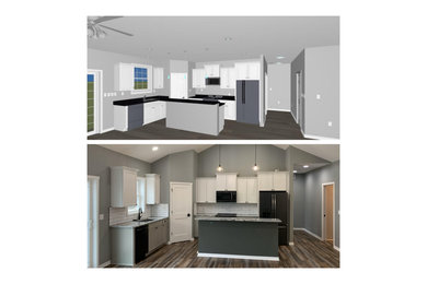 Inspiration for a small contemporary l-shaped vinyl floor and multicolored floor eat-in kitchen remodel in Chicago with an undermount sink, shaker cabinets, white cabinets, granite countertops, white backsplash, subway tile backsplash, stainless steel appliances, an island and gray countertops