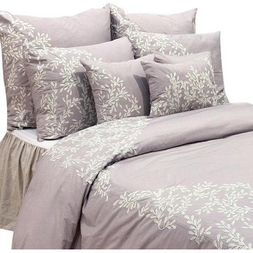 CA King Duvet Cover 3 Pc set Soft Lilac Cotton with Crewel Embroidery-Lilac Ivy
