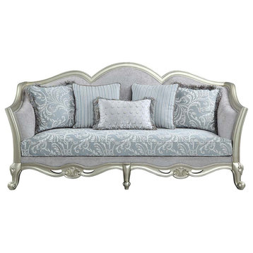 Acme Qunsia Sofa With 5 Pillows Light Gray Linen and Champagne Finish