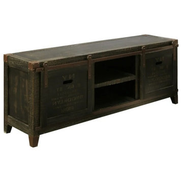 Vintage Rustic TV Stand, Sliding Doors With Faded NYC Printing, Blackened Brown