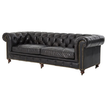 Conrad 96" Vintage Black Leather Chesterfield Sofa