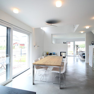 ボンのコンテンポラリースタイルのLDKの画像 (コンクリートの床、白い壁、両方向型暖炉)