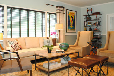 Mid-sized transitional formal and open concept carpeted and multicolored floor living room photo in New York with blue walls and a wall-mounted tv