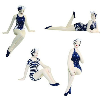 Retro Bathing Beauty Figurine 4-Piece Set, 1920s Swim Suit Navy Shelf Sitters
