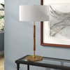 Simone 25 Tall 2-Light Table Lamp with Fabric Shade in Rustic Oak/Brass/White