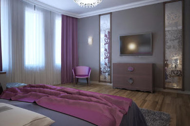 Example of a small classic master medium tone wood floor bedroom design in Denver with gray walls and no fireplace