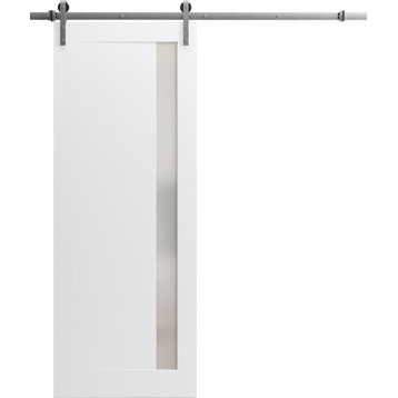 Barn Door 42 x 80, Planum 0660 Painted White & Frosted Glass, Silver 8FT