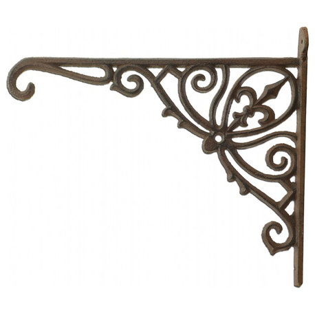 Cast Iron Plant Hanger, Ornate Fleur De Lis, Rust Brown Color, 12" Deep