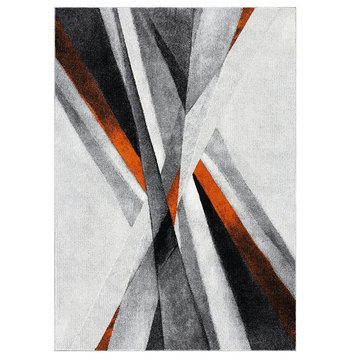 Mid Century Modern Area Rug, Unique Abstract Geometric Pattern, Grey/Orange