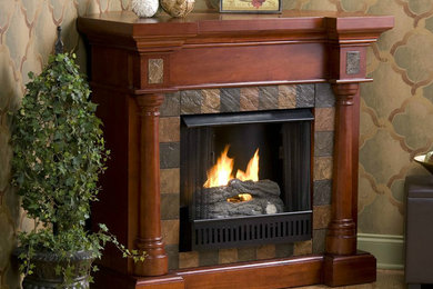 Example of a formal and enclosed light wood floor living room design in Detroit with a standard fireplace and a wood fireplace surround