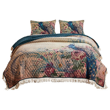 3 Piece King Size Quilt Set With Floral Print And Crochet Trim, Multicolor
