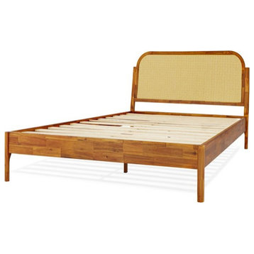 Modern Bohemian Platform Bed, Acacia Frame With Rattan Headboard, Caramel, Queen