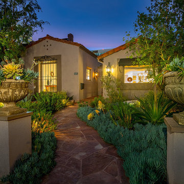 Flagstone entrance with succulents