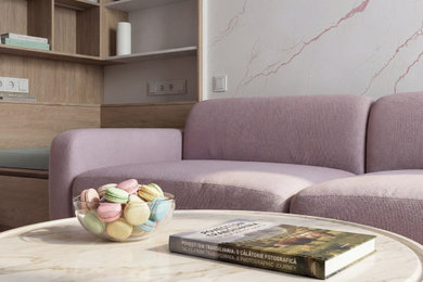 Inspiration for a small contemporary open concept laminate floor and wall paneling living room library remodel in Other with pink walls and a media wall