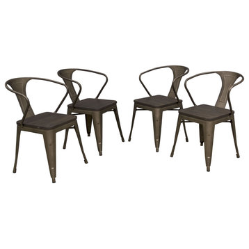 Set of 4 Industrial Dining Chair, Rustic Wood Seat & Curved Metal Back, Gunmetal