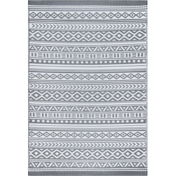 Anubis Contemporary Stripe Gray/White Rectangle Indoor/Outdoor Area Rug, 6'x9'