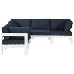 Meridian Furniture - Nizuc Water Resistant Patio L-Shaped Modular Sectional, Navy, 5-Piece: 2 Armless Chair, 3 Corner Chair, White Aluminum Frame - Pick and choose your favorites from the Nizuc collection to create a modular seating group the whole gang will enjoy. The sturdy aluminum frame provides dependable support for friends and family as they relax and unwind, and the resilient navy water resistant fabric stands up to the elements without losing its beautiful demeanor, so you can count on it lasting for the long haul. Latches beneath these seating pieces help you easily attach them to one another for convenient setup.