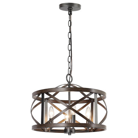 LNC Distressed Farmhouse Drum Cage Chandelier, Black, 4 Lights