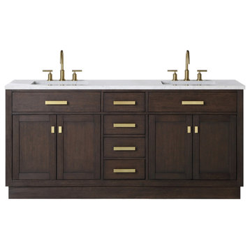 Chestnut 72" Bath Vanity, Brown Oak, Faucet, Satin Gold Hardware