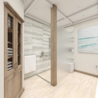 Inspiration for a medium sized farmhouse galley utility room in Chicago with a submerged sink, beaded cabinets, white cabinets, engineered stone countertops, beige walls, brick flooring, a side by side washer and dryer, pink floors and white worktops.