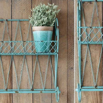 Distressed Metal Lattice Wall Shelf With Towel Bar