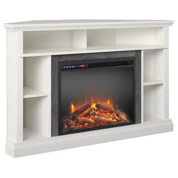 Corner TV Stand, Multiple Open Shelves, Fireplace With Faux Stone Accent, White