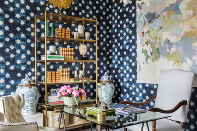 Small eclectic freestanding desk medium tone wood floor and brown floor study room photo in San Francisco with blue walls