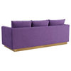 LeisureMod Nervo Modern Velvet Sofa With Gold Base, Purple