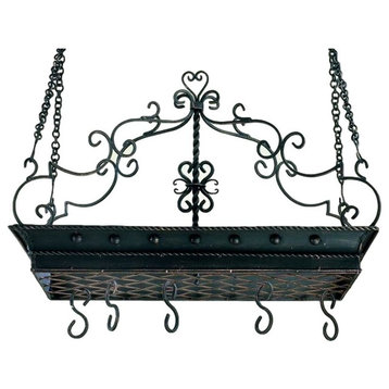 Large Wrought Iron Post Scroll Pot Rack, Hanging Pan Ceiling Gothic
