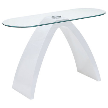 Contemporary Console Table, High Gloss Curved Base & Beveled Glass Top, White