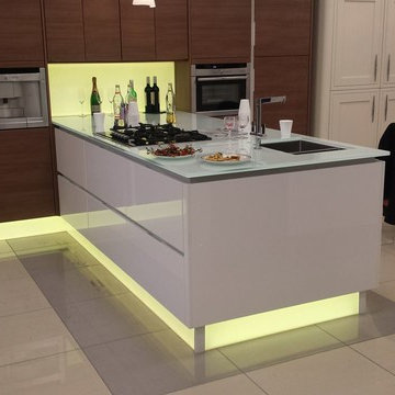 Backlit glass plinths, splashback and worktop