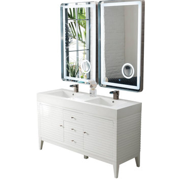 59 Inch White Bathroom Vanity, Double Sink, Glossy White Solid Surface, Outlets