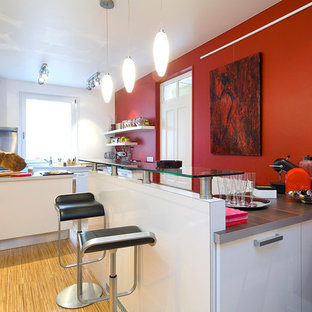 Large contemporary kitchen pantry pictures - Kitchen pantry - large contemporary l-shaped light wood floor kitchen pantry idea in Strasbourg with flat-panel cabinets, white cabinets, stainless steel countertops and a peninsula