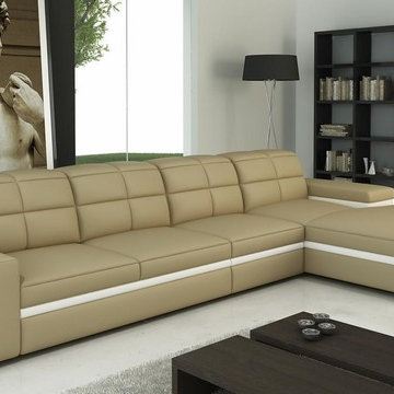 Beige and White Bonded Leather Sectional Sofa with Chaise