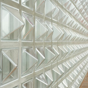 Pyramid shaped glass blocks for a partition wall for a bedroom or kitchen