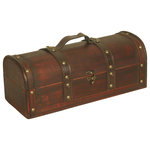 Wald Imports - Wood Faux Leather Trunk - Complete your room with one of our wonderful decorative accents. Put the finishing touches to your home decor with this beautiful decorative piece. 13" Dark Wood Trunk. Accented With Dark Brown Faux Leather Straps And Handle And Brass Studs. Fits A Bottle Of Wine. Size: 13" X 3.75" X 2"H, 5" Oah.