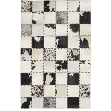 Black And White Cow Spot Square Pattern Patchwork Cowhide Rug, 4x6