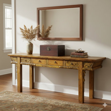 Vintage Chinese Orange Yellow Long Dragon Carving Console Table GB804
