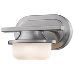 Z-Lite - Optum 1 Light Wall Sconce in Brushed Nickel - The Optum collection vanity fixtures incorporate a transitional vintage industrial style with chic contemporary. Utilizing Z-Lite?s new long-lasting, replaceble LED technology, these fixtures provide energy efficiency while delivering optimum illumination. Matte Opal glass is paired with optional Brushed Nickel or Chrome finishes creating a clean design.