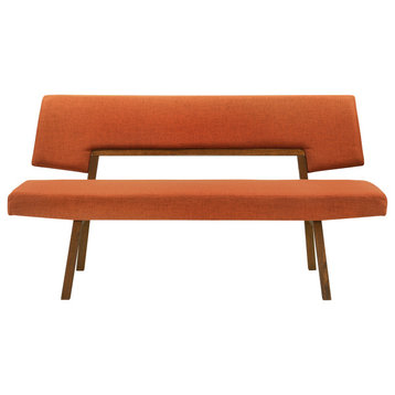 Channell Wood Dining Bench, Walnut Finish With Orange Fabric