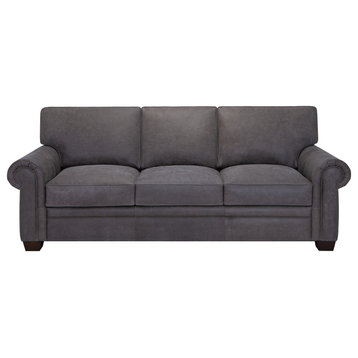 Light Gray Top Grain Leather Sofa with Roll Arms