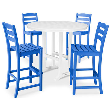 Polywood 5-Piece La Casa Side Chair Bar Dining Set, Pacific Blue/White
