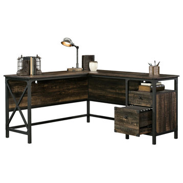 Farmhouse Desk, L-Shaped Design With Metal Base & Lower Drawers, Carbon Oak