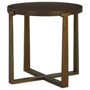 Contemporary End Table, Round Dark Brown Wooden Top With Goldtone Metallic Base