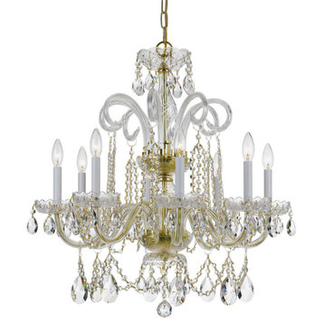 Traditional Crystal 8 Light Chandelier, Polished Brass, Clear Hand Cut