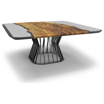 Egina Square Olive Dining Table, Light Smoked Top & Black Chrome Base, 10 Seater